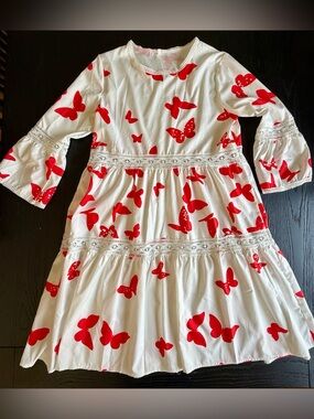 Vintage Butterfly Midi Dress Size Small White w/Red Butterflies Boho Like New
